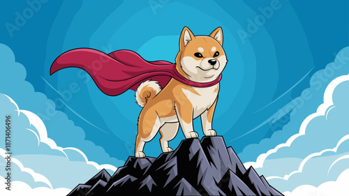 Cartoon Shiba Inu Dog Superhero Standing on Mountain Peak Wearing Red Cape Courageous Pet Animal Illustration for Childrens Book Mascot Character Design Adventure Storytelling and Heroic Themes in Dig