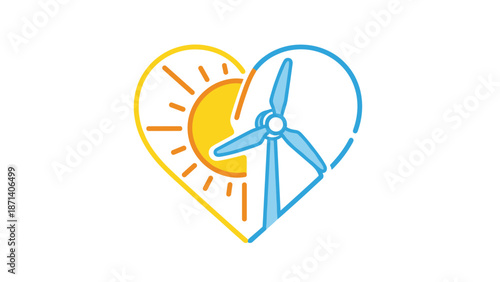 Heart shape with sun and wind turbine symbolizing renewable energy love, Generative AI.