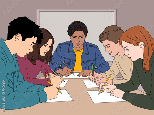 Diverse group of students writing together in classroom for education concept illustration of young adult learners collaborating on assignment project in school setting for creative teamwork learning