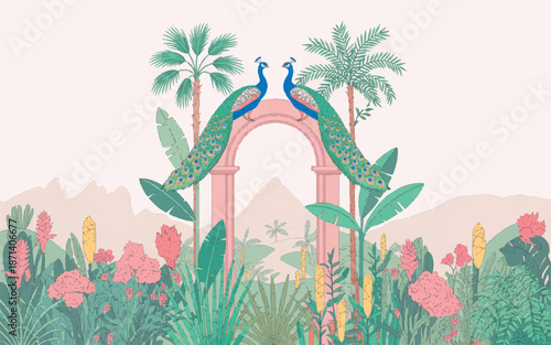 tropical garden with peacocks on pink archway and palm trees and flowers