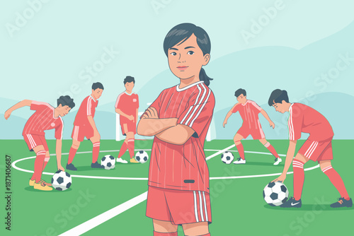 Confident young female soccer player standing with arms crossed on field with teammates practicing drills youth sports illustration for teamwork athletic training and competitive sports advertising an