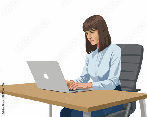 Focused brunette woman working on laptop computer in modern office professional workspace remote employee character illustration for corporate presentations business technology concept digital marketi