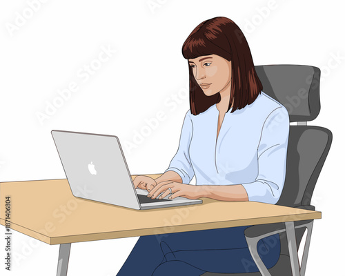 Focused brunette woman working on laptop computer at desk in bright office illustration professional employee character for online learning remote work business technology e-commerce marketing present