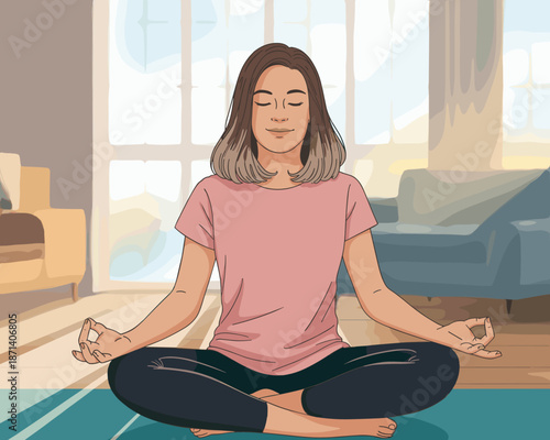 Serene woman meditating in lotus pose for mindfulness and relaxation in cozy home interior illustration promoting mental wellness stress relief relaxation techniques for health and lifestyle websites