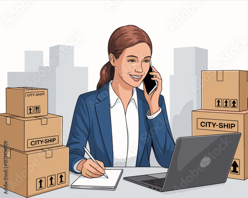Businesswoman talking on phone managing shipping logistics working on laptop computer in modern office with cardboard boxes professional employee illustration for corporate presentation supply chain m