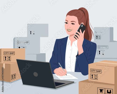 Smiling woman talking on phone with laptop and shipping boxes parcel delivery service logistics concept cheerful professional operator taking orders for e-commerce supply chain management distribution