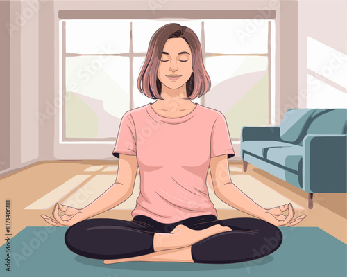 Young woman meditating in lotus position on yoga mat at home for wellness mindful living healthy lifestyle peaceful relaxation calm mind balance exercise stress relief self care mindfulness awareness