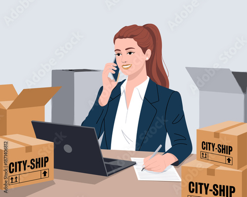 Professional woman talking on phone at her office desk with laptop and boxes making notes for shipping and delivery logistics company worker in corporate office environment for business and advertisin