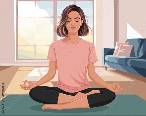 Calm woman meditating in lotus position at home for stress relief and mindfulness practice wellbeing lifestyle concept peaceful female cartoon character illustration for mental health awareness yoga a
