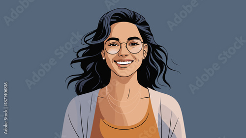 Smiling young woman with glasses portrait illustration in professional attire looking confident and happy with flowing hair for business presentations and corporate marketing materials in modern styli