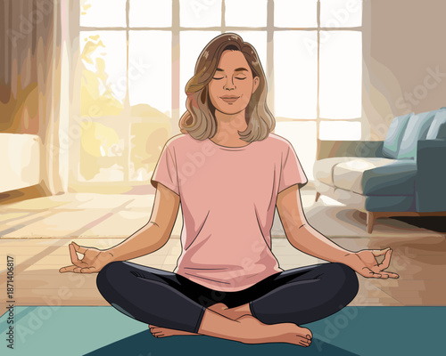 Meditating woman practicing mindfulness in serene living room for stress relief and relaxation calm female cartoon character illustration for wellness blog post mental health guidance and peaceful lif