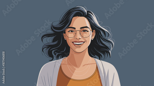 Attractive smiling woman portrait illustration with dark hair wearing glasses happy expression confident and friendly character design for diverse representation in advertising and marketing professio