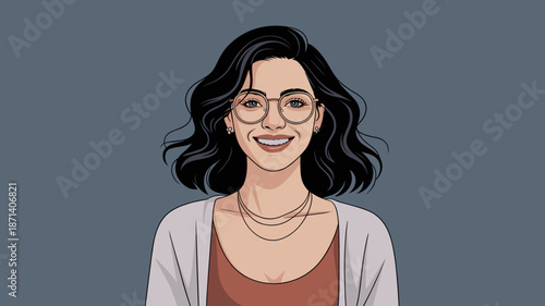 Smiling cartoon woman character illustration with glasses in casual outfit happy friendly expression for website profile picture avatar modern digital art design for positive communication and approac