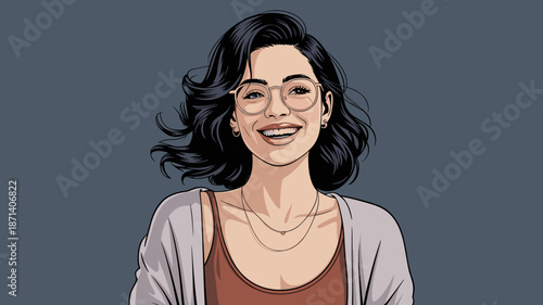 Smiling cartoon woman with glasses portrait illustration in professional happy mood character design for diverse workforce representation in corporate communication and social media marketing for posi