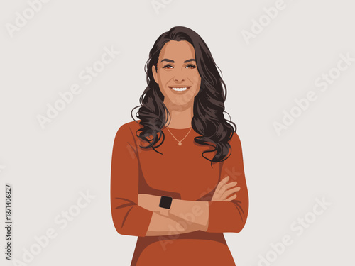 Confident professional woman smiling with arms crossed in modern vector portrait illustration for business presentation corporate website design and social media profile picture with positive professi