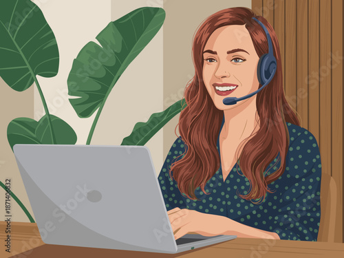 Smiling woman with headset working on laptop computer in modern home office customer service representative providing support online assistance remote work professional communication for virtual meeti
