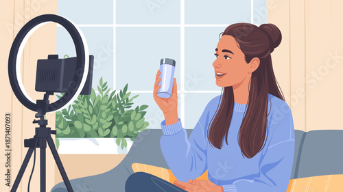 Smiling woman influencer reviewing product on social media video blog with ring light setup in modern apartment promoting beauty wellness brand for online marketing advertising campaign and lifestyle