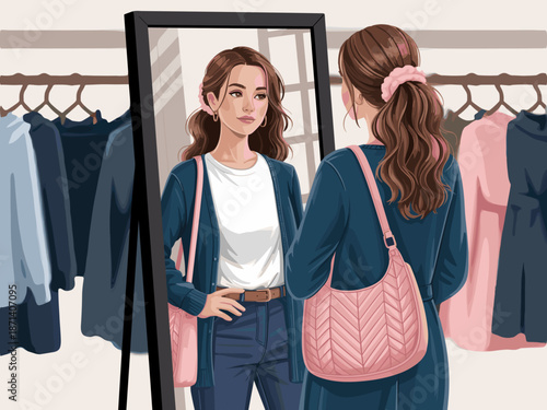 Stylish young woman checking her outfit in mirror reflection getting ready for day outfit planning and selection in closet room fashion lifestyle illustration for blog article or social media content