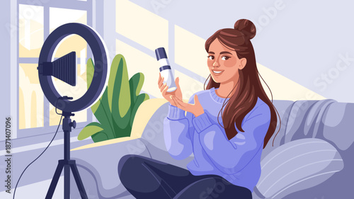 Smiling young woman holding cosmetic product presenting skincare item in beauty video blog tutorial with ring light on sofa influencer demonstrating makeup routine for online marketing in lifestyle an
