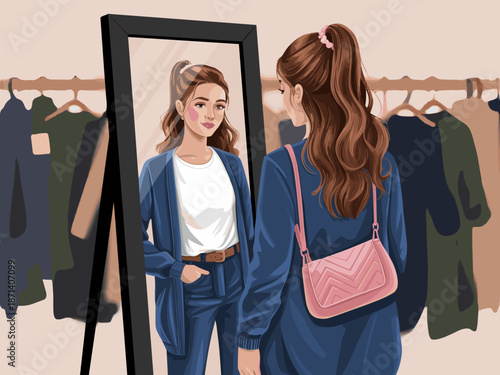 Stylish young woman admiring herself in mirror at home trying on clothes outfit fashion wardrobe choice self-reflection and appreciation concept for personal style blog or fashion advertising campaign