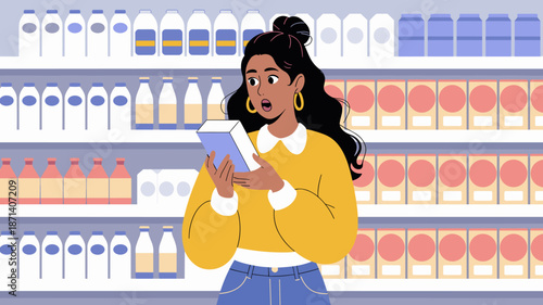 Surprised woman reading food label in grocery store aisle checking ingredients and nutrition facts for healthy diet choices consumer awareness shopping lifestyle cartoon illustration for marketing adv
