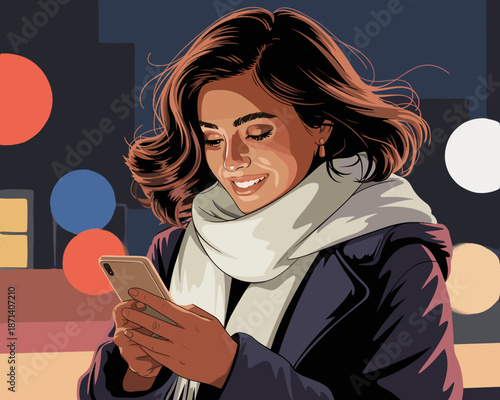 Smiling woman using smartphone mobile app in city at night happy attractive girl in coat and scarf looking at cellphone screen social media communication lifestyle illustration for advertising marketi