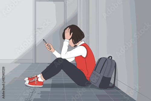 Worried student girl sitting on floor using smartphone in school hallway stressed and overwhelmed by social media messages student with backpack feeling anxious about exams and future career in educat