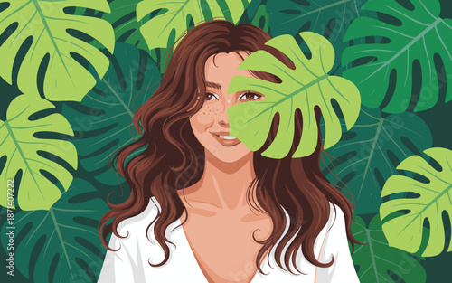 Smiling young woman surrounded by vibrant monstera leaves holding a leaf up to her face in a tropical garden setting for natural skincare beauty product advertising organic lifestyle wellness blog and