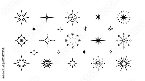 Diverse collection of black star and sparkle vector icons, featuring various burst shapes and decorative elements, ideal for adding magical light effects and festive accents to graphic designs