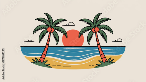 tropical island with palm trees and sunset over the ocean scene