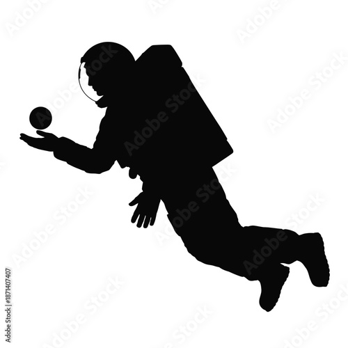 Dynamic astronaut reaching for planet in deep space