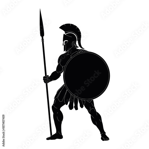 Ancient Greek warrior in full battle gear with spear and shield