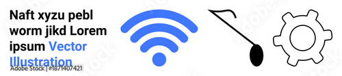 Technology, connectivity, innovation, system design, networking, digital tools. Blue wireless icon, black connection symbol and gear outline. Technology and connectivity concept