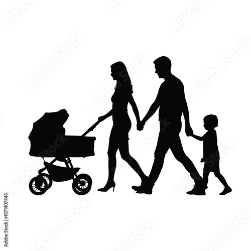 Happy family walking together with baby stroller in silhouette