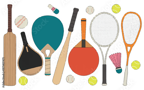 Various sports equipment and balls on white background