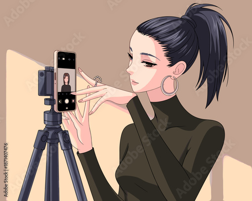 Elegant woman filming content with smartphone on tripod for social media channel influencer creating online video tutorial for beauty vlog modern digital lifestyle blogger content creator for marketin