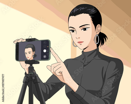 Anime asian woman creates content using smartphone on tripod illustration professional online vlogging streaming social media influencer content creator mobile technology modern studio recording conce