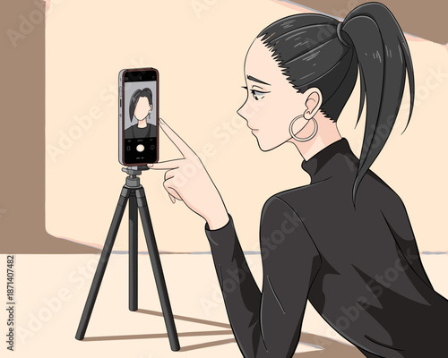 Elegant young woman taking selfie picture with smartphone on tripod stand in modern minimalist studio setting professional lifestyle influencer content creation for social media marketing advertising