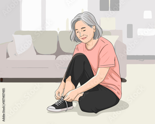 Smiling elderly woman tying shoelaces on sneakers in living room at home senior adult enjoying active lifestyle getting ready for exercise or walk domestic setting illustration for wellness blog or he