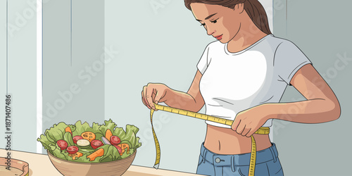 Young woman measuring her waist with a tape measure after eating a healthy salad cartoon style illustration of diet and weight loss concept for healthy lifestyle advertising in wellness and nutrition