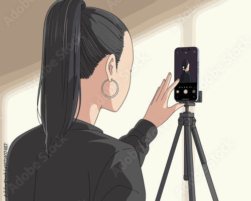 Anime woman taking selfie photo with smartphone on tripod for social media content creation modern mobile photography vlogging blogging influencer marketing young adult streaming online video communic