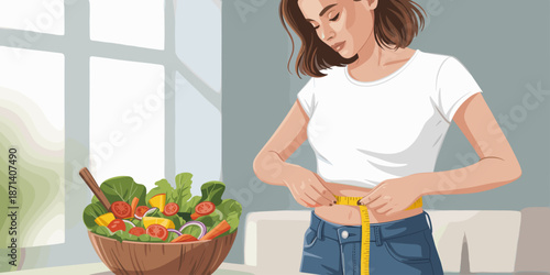 Young woman measuring waist with tape next to healthy salad for diet and weight loss concept female fitness lifestyle illustration nutrition and wellness program for healthcare advertising and marketi