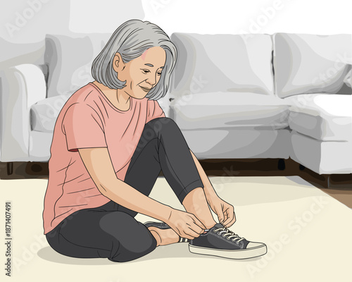 Attractive senior woman tying shoelaces on sneakers preparing for fitness walk exercise routine at home in living room active mature lifestyle older adult healthy habits concept for wellness blogs and