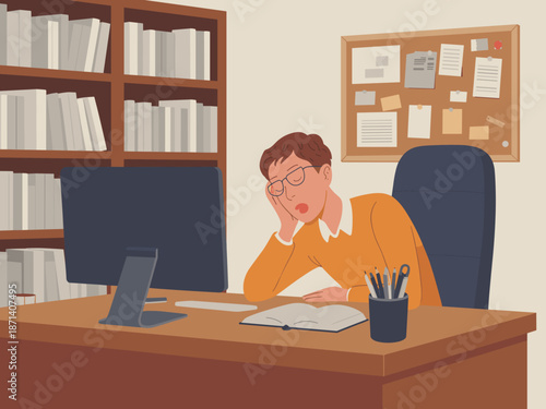 Tired student sleeping at desk with computer in library exhausted from studying for exam overworked college man napping with book in hand burnout from online learning university study fatigue illustra