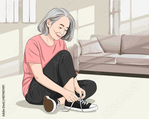 Happy mature Asian woman tying shoelaces on sneakers at home in relaxed pose senior adult enjoying active lifestyle getting ready for walk exercise or casual outing promoting healthy aging and indepen