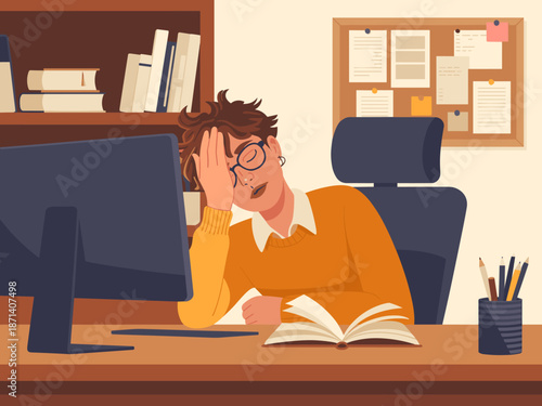 Tired student sleeping at desk with open book in front of computer screen studying for exams exhausted overworked student concept illustration for education course material presentation website graphi