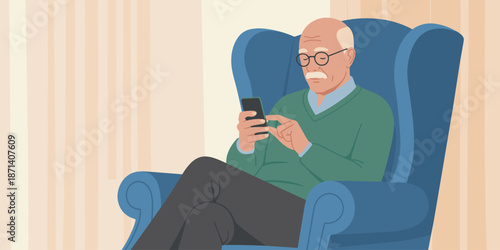 Senior man using smartphone sitting in armchair at home modern lifestyle mature adult grandpa holding mobile phone elderly grandfather chatting online communication for family seniors technology conne