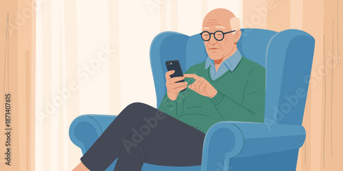 Senior man using smartphone in blue armchair relaxing at home connected elderly grandfather browsing social media app mature adult staying connected with modern technology communication lifestyle illu
