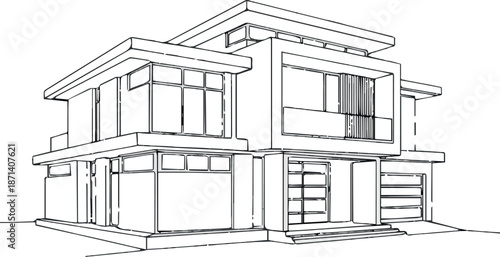 deferent Modern house in continuous line art drawing style. Contemporary building architectural model black linear design isolated on white background. Vector illustration.
