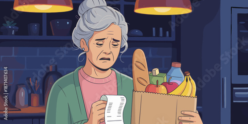 Worried senior woman checking grocery receipt with bag of food in kitchen home interior illustration depicting inflation economic hardship financial difficulties for social media finance blog healthca